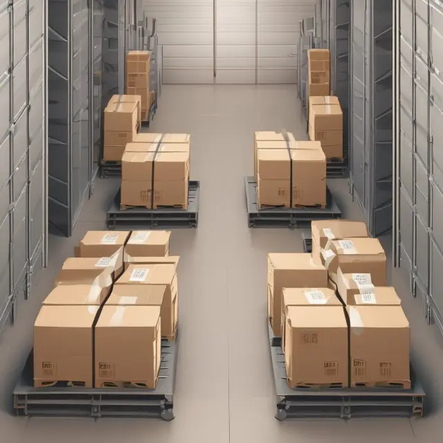 A warehouse-to-warehouse insurance policy safeguarding goods in transit: A conveyor belt moving cargo between warehouses, protected by a shield