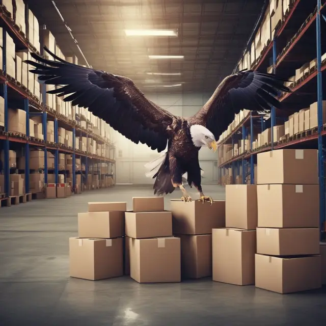 Approved warehouse protected by eagles. Receipts fluttering like wings symbolize secure inventory management services essential for futures market deals.