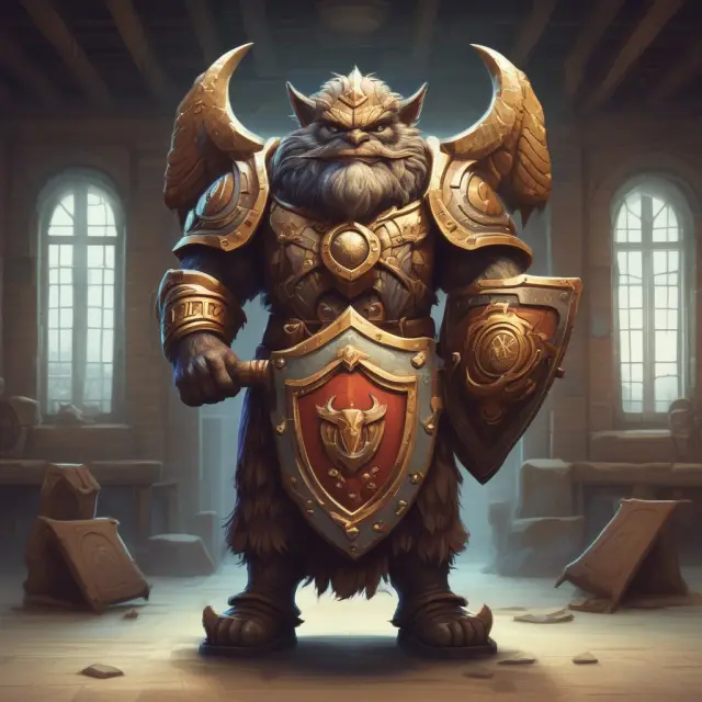 A warehouse guardian holding a shield adorned with a contract scroll, illustrating the importance of clear communication and protection in warehousing agreements