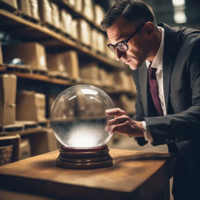 An institutional investor examines potential CDO assets in a crystal ball during the warehousing stage, evaluating risk and diversification opportunities