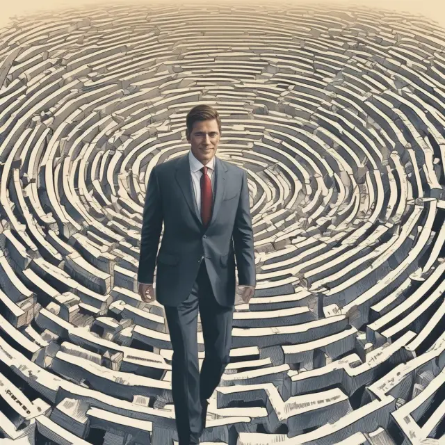 An investor navigates through a complex labyrinth filled with interconnected credit rating symbols, using the Warped Average Rating Factor (WARF) as their guiding light to assess investment risk.
