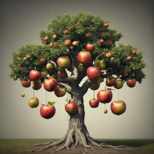 A tree with apples representing various credit ratings growing from a root system formed by collateralized debts, indicating the calculation of Weighted Average Rating Factor (WARF)
