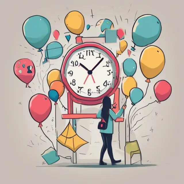 An individual skillfully juggles objections, a clock, and balloons symbolizing the challenges of respecting time and utilizing humor in warm calls within finance and investment sectors