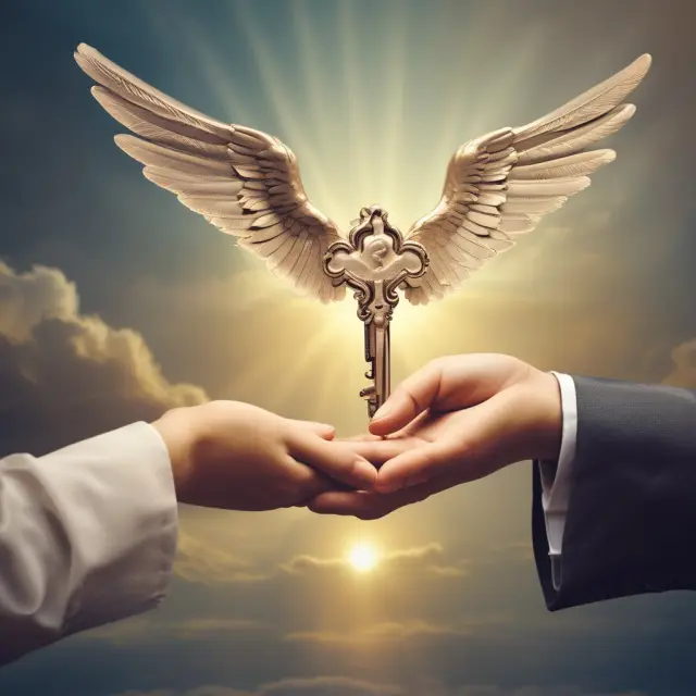 An image of a person handing a key to an angel, representing a business establishing a secure financial system using a warm card program.