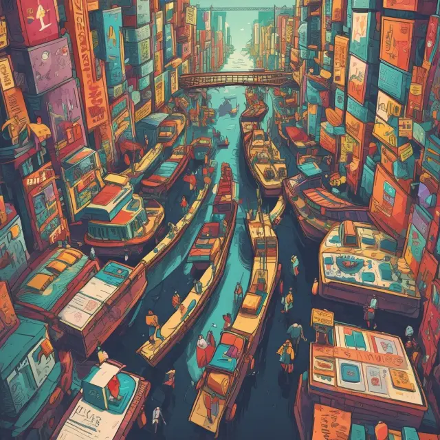 A merchant stands on a bridge made of security measures, shielding a stream of potentially stolen cards as they flow towards safe transactions below.