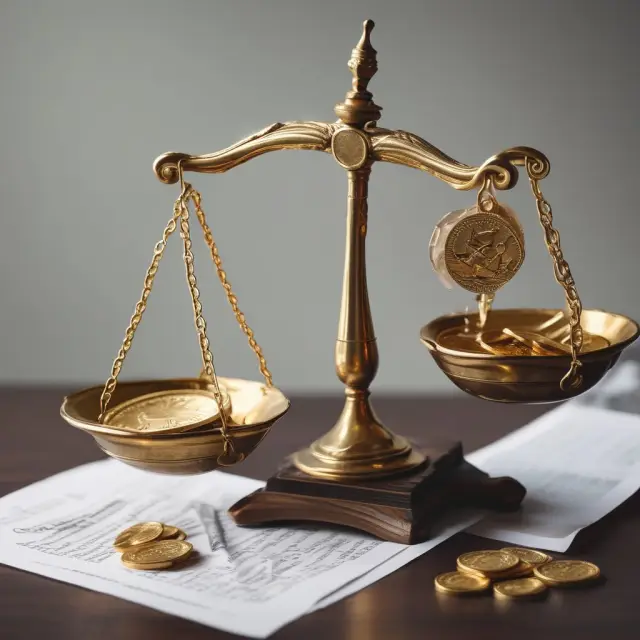 Scales balanced with a warrant document and gold coins, symbolizing the potential benefits and complexities of warrant investments.