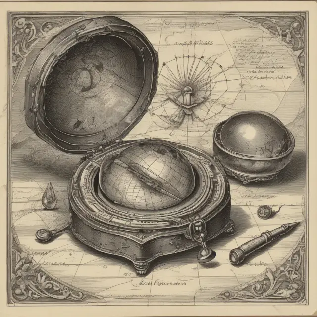 An ancient explorer holding a compass and crystal ball before a treasure map with warrant symbols