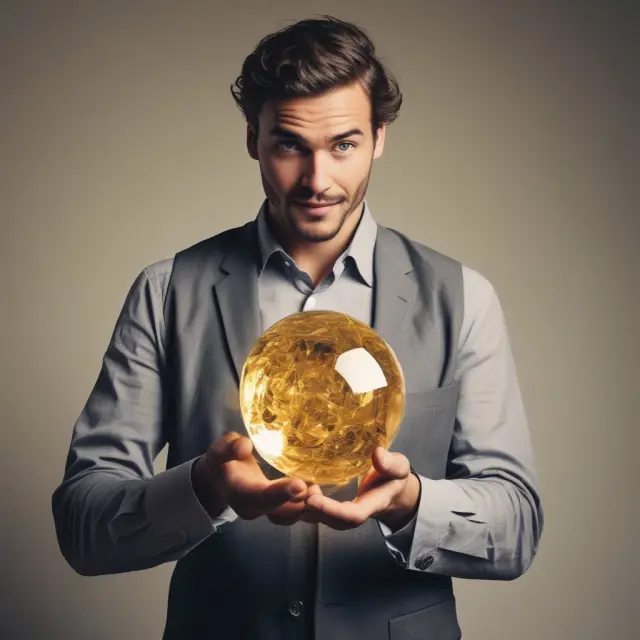 An investor confidently holds a crystal ball containing golden warrants, symbolizing the potential rewards of warrant coverage in financing and investment