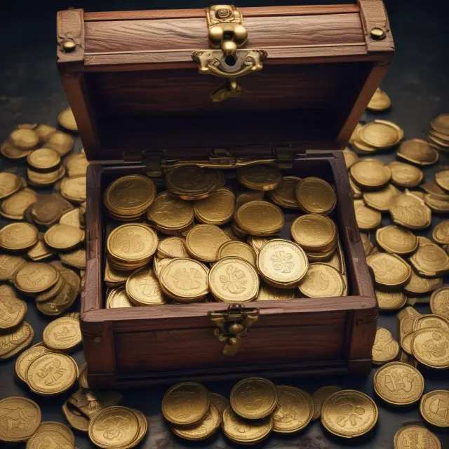 Gold coins symbolizing 5%, 10%, and 20% warrant coverages in a treasure chest
