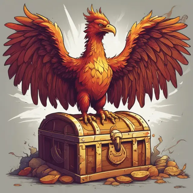 A phoenix emerging from a treasure chest filled with golden warrants, representing financial growth through capital raising