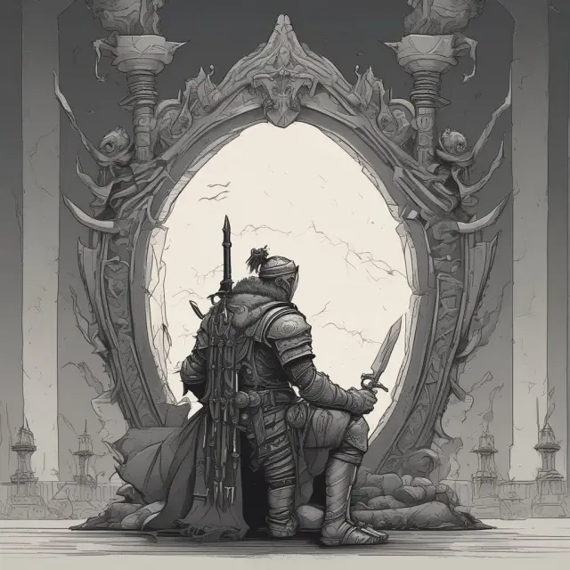 A knight deliberates over choosing a call option scroll or a warrant shield, symbolizing the investor