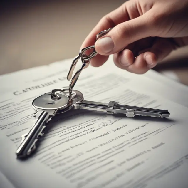 A lawyer hands a house key to a buyer, signifying a legally sound transaction with a valid warranty of title.