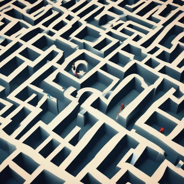 Visualization of property transaction risks as a labyrinthine maze filled with boundary disputes, unpaid bills, taxes, and prior claims.