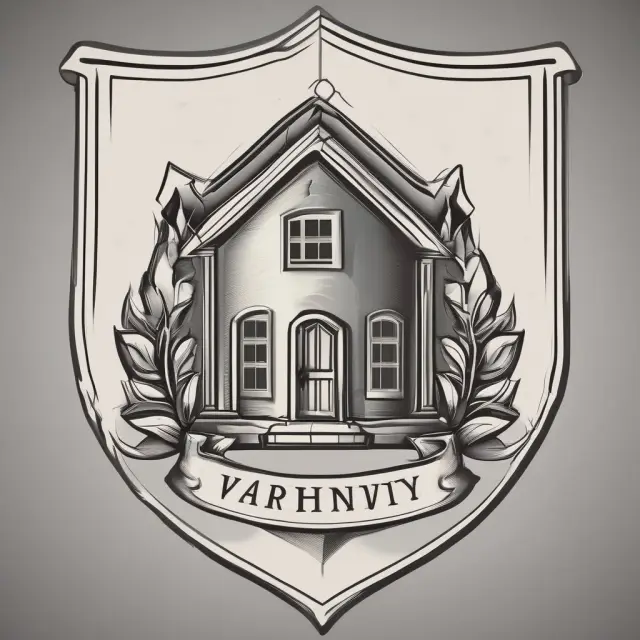 A shield adorned with a house and a clear scroll representing a warranty of title safeguarding real estate transactions