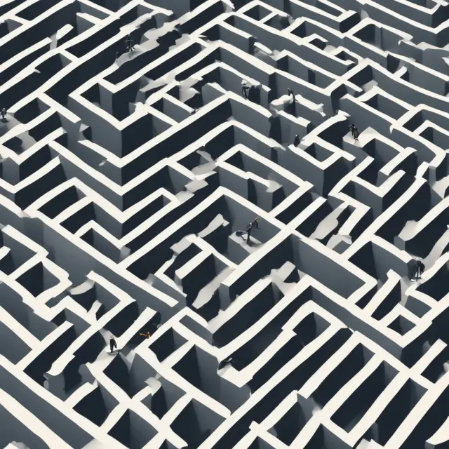 Consumer journeying through a labyrinth of warranty processes, guided by helpful support agents towards claim resolution