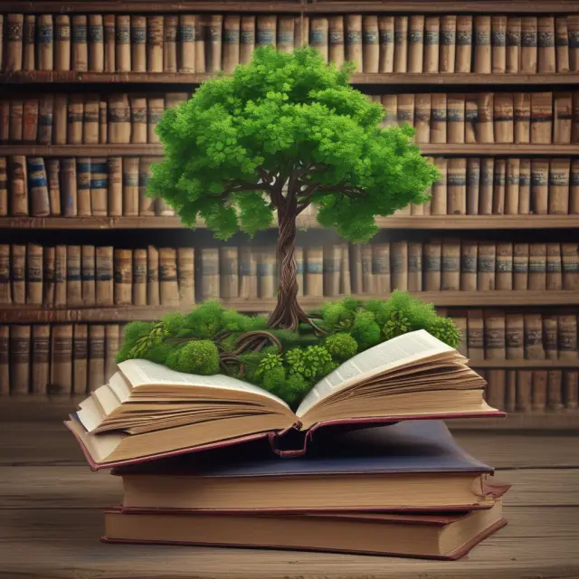 An illustration of a tree bursting with life growing from an open book, representing the Warsaw Stock Exchange