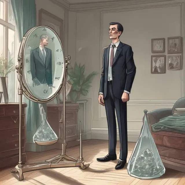 An investor balancing scales represents prudent decision-making while avoiding wash sales between a crystal timepiece and a mirror reflecting careful consideration