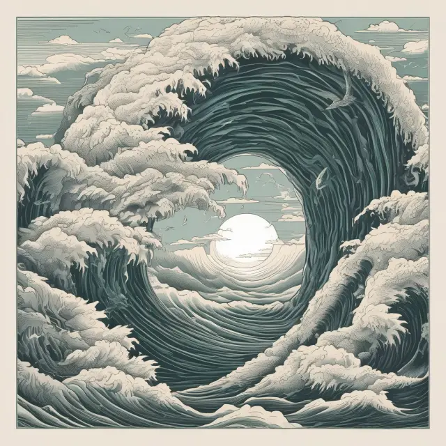 An image depicting the collision of shareholder waves with new investor tides, symbolizing the impact of wash-out rounds on ownership stakes and management changes.