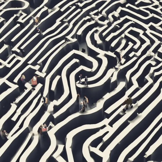 An entrepreneur navigating a maze, considering various paths for debt financing, strategic partnerships, crowdfunding, and venture debt to avoid financial distress