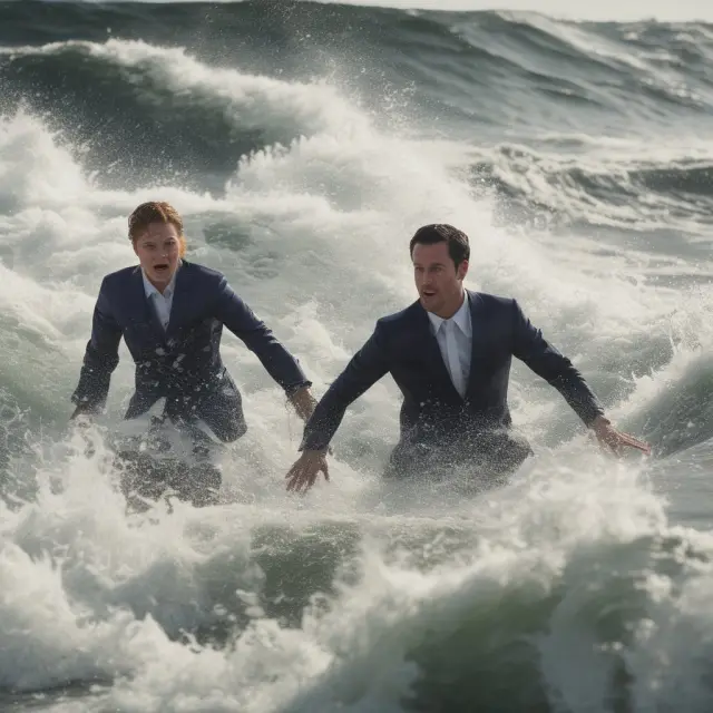 Employees wading through stormy waters as a company undergoes a wash-out round, representing the uncertain impact on their job security and future career opportunities