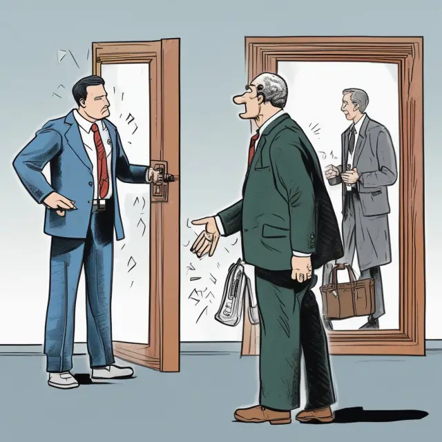 An investor standing before a mirror reflects an IRS agent holding a wash sale sign