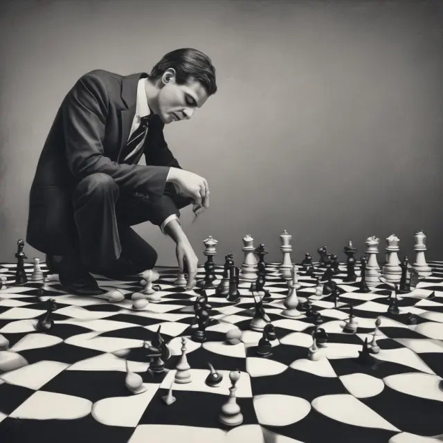 Stockbroker evaluating losses and gains within a chessboard