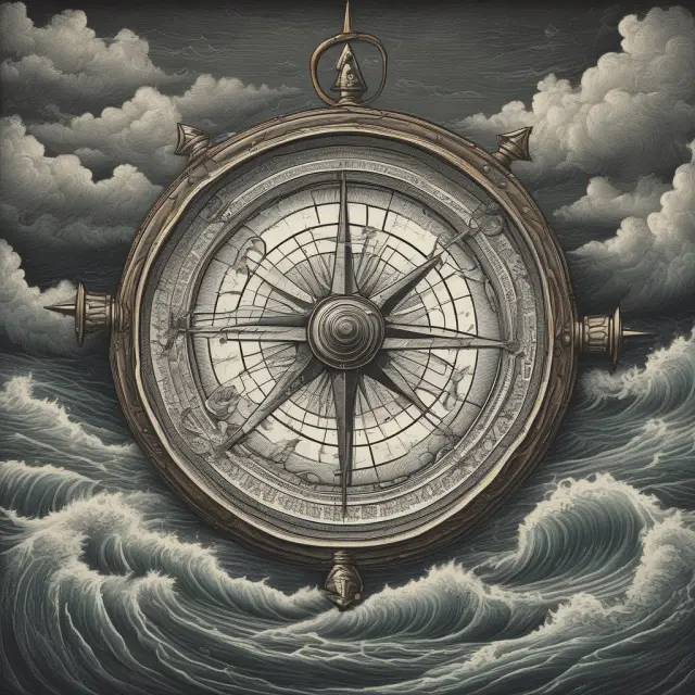 A moral compass navigating turbulent waters amidst a sea of security symbols, symbolizing the ethical challenges posed by wash trading