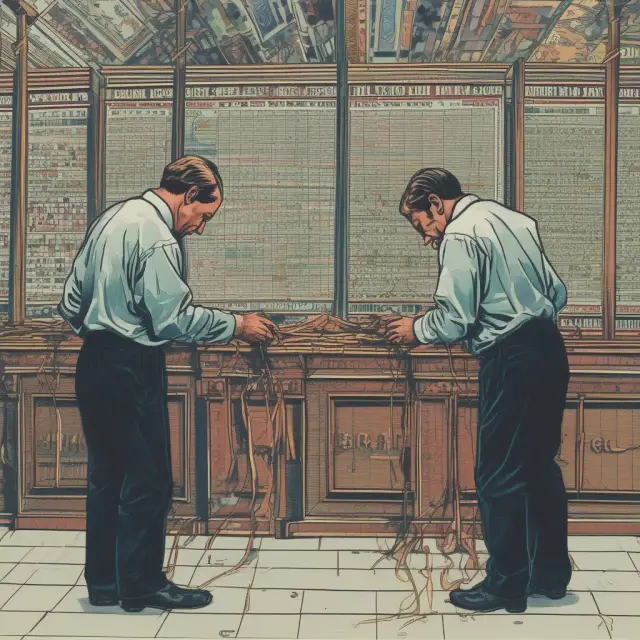 A wash trader engaging in deceptive practices by intertwining threads between two mirrored stock tickers, representing manipulated trades