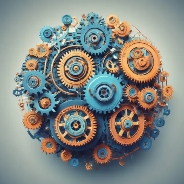 Gears interconnecting to represent the world economy, with key economic institutions influencing the flow of energy