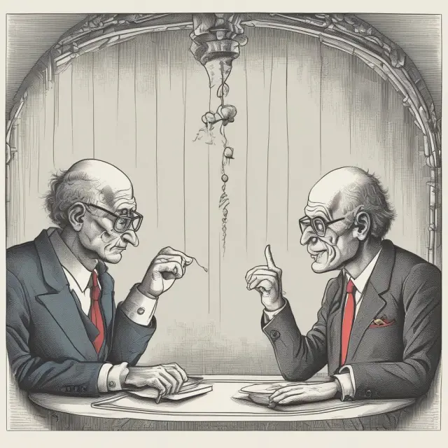 Two economists at a roundtable, one clinging to traditional Heckscher-Ohlin theories while the other introduces human capital as a gamechanger for understanding Leontief