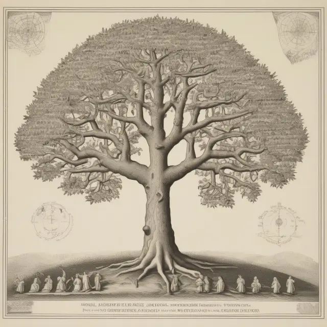 A tree with Nobel Prize medals growing from its branches, symbolizing Wassily Leontief