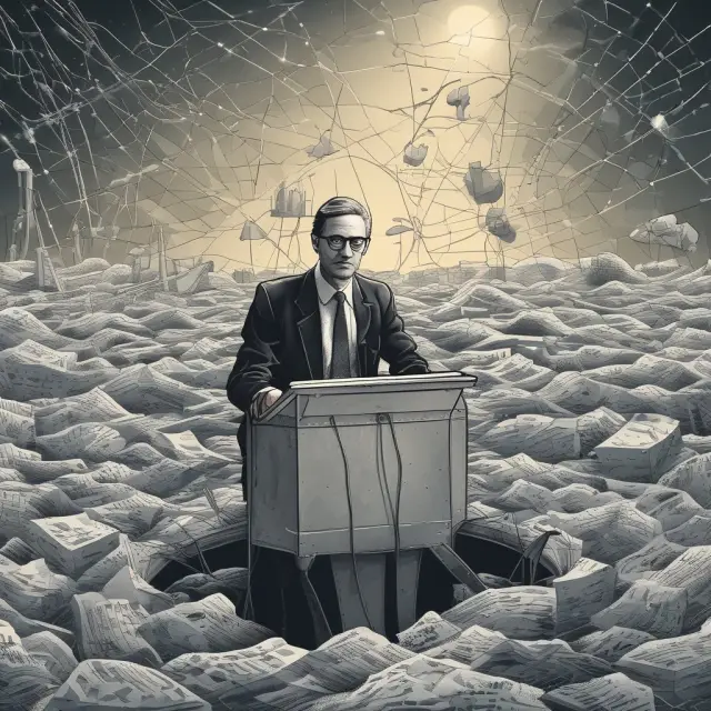 An image of Wassily Leontief sailing a ship in an ocean filled with interconnected economic sectors