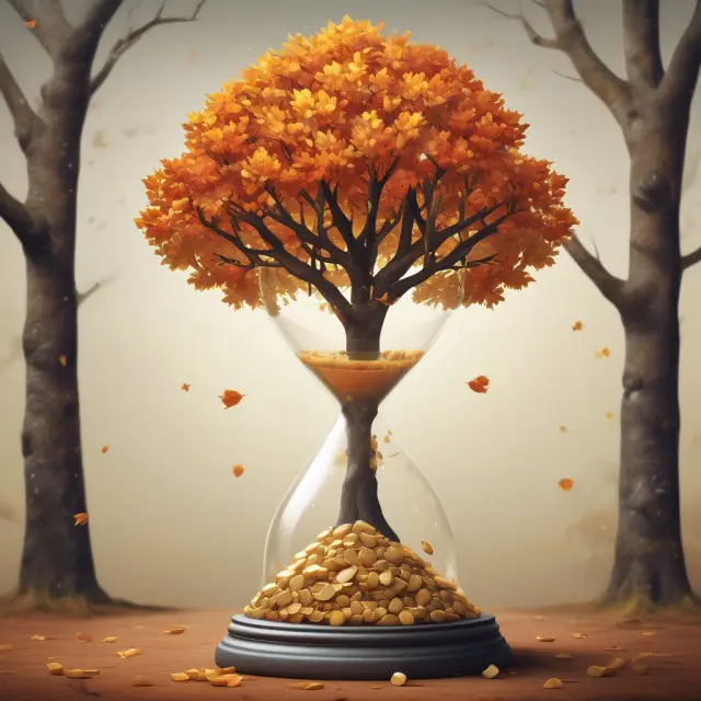 A golden hourglass holding coins and a tree with stable leaves illustrating the contrast between a depleting wasting trust and a stable non-wasting trust.