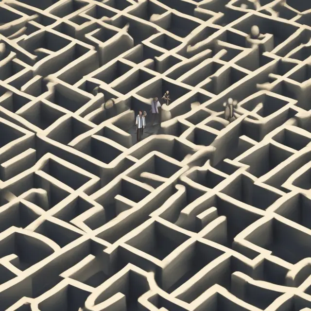 A trustee depicted as an explorer in a labyrinth, juggling various assets and managing market challenges while ensuring sufficient income for beneficiaries.