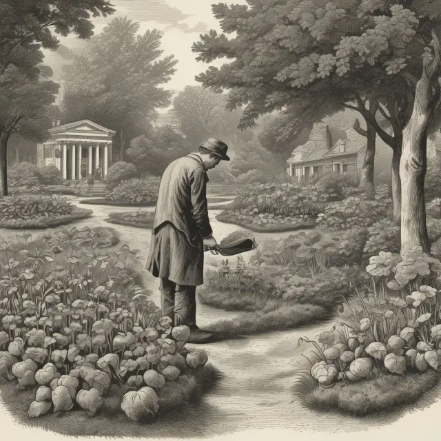 Trustee gardening a garden filled with securities and payouts, illustrating the benefits and risks for institutional investors in wasting trusts.