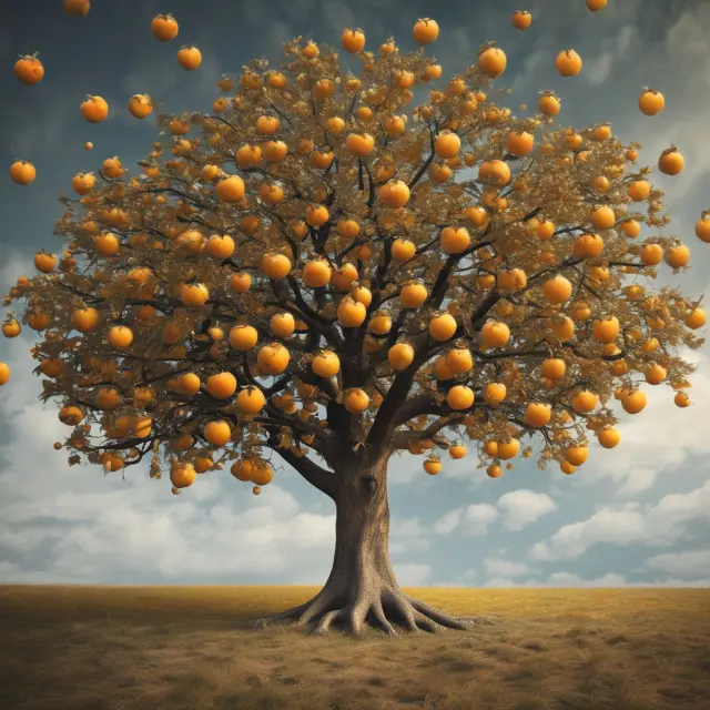 Golden apples representing various case studies with financial insights, growing on a tree signifying learning and growth