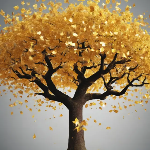 An image of golden leaves falling from a tree with the text
