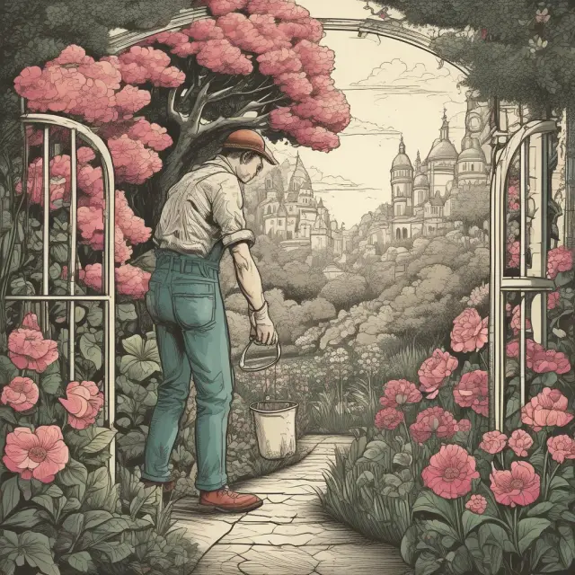 A serene garden filled with diverse, blossoming plants representing stocks on a watchlist, signifying careful investment selection and growth