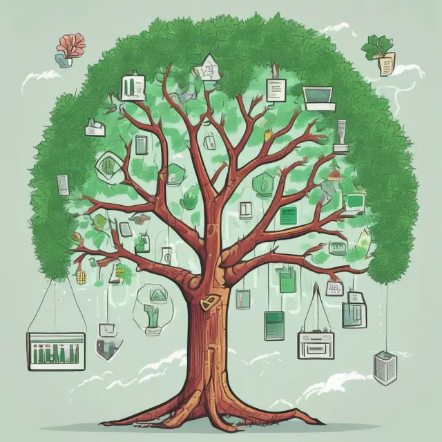 A tree with branches transforming into six distinct trading platforms, representing different investment styles: Fidelity, Robinhood, Yahoo! Finance, Worden