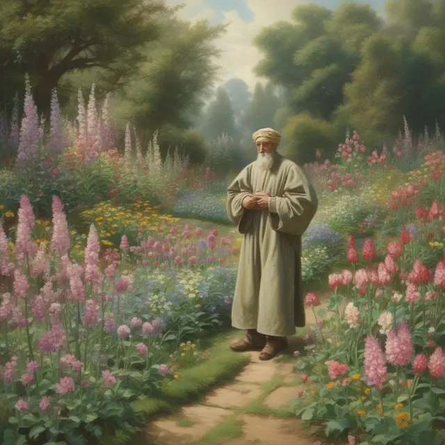 An image of a well-tended garden filled with various blooming stocks, representing optimized watchlists, and a wise gardener symbolizing the investor monitoring their progress