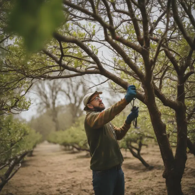 A gardener carefully prunes tree branches in an orchard filled with potential investments. This metaphor represents the importance of maintaining a focused and updated watchlist.