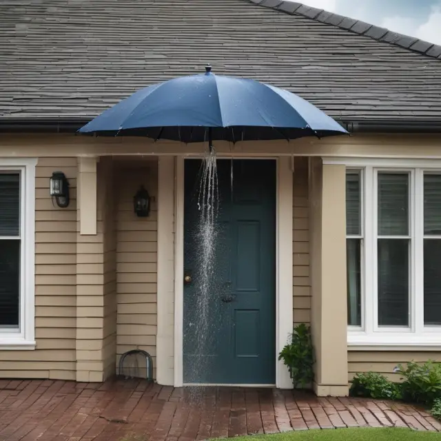 An umbrella leaking water over a house illustrates the role of water damage legal liability insurance in protecting against unintentional damages.