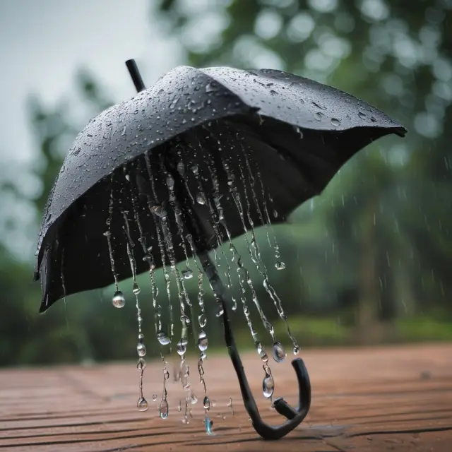 Image: A leaky roof releasing droplets onto an umbrella - representing homeowners policies and their reach for covering third-party water damage.