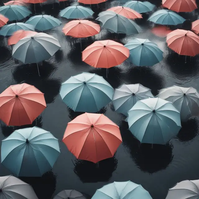 Umbrellas forming a protective layer over various buildings and homes to illustrate the coverage of an umbrella insurance policy