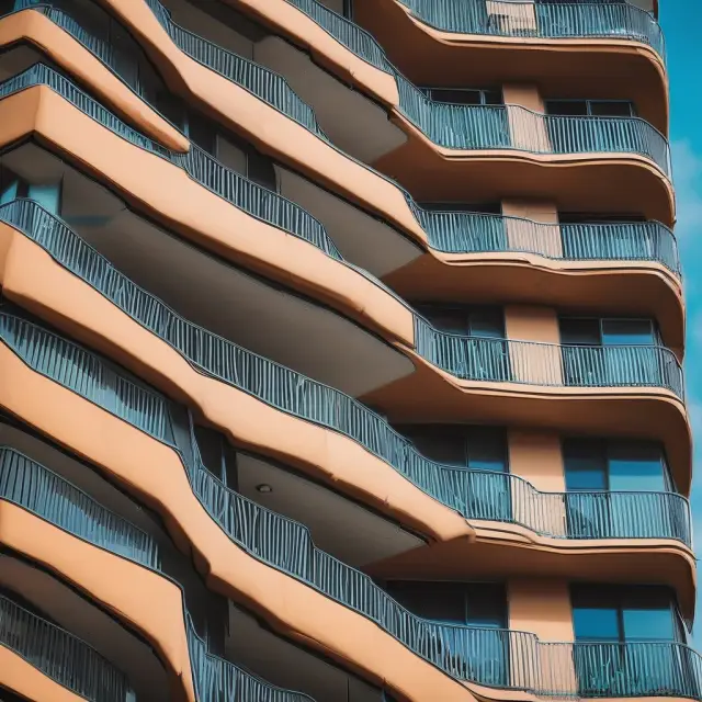 A condominium building adorned with umbrellas, symbolizing insurance coverage for each unit and association.
