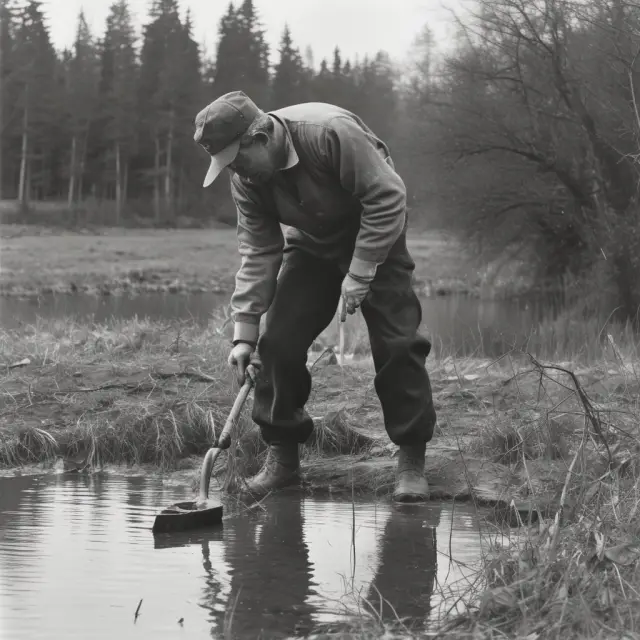 An elderly person cleans a small lake using a ladle, symbolizing the Federal Water Pollution Control Act of 1948 and its impact on early water quality regulations.