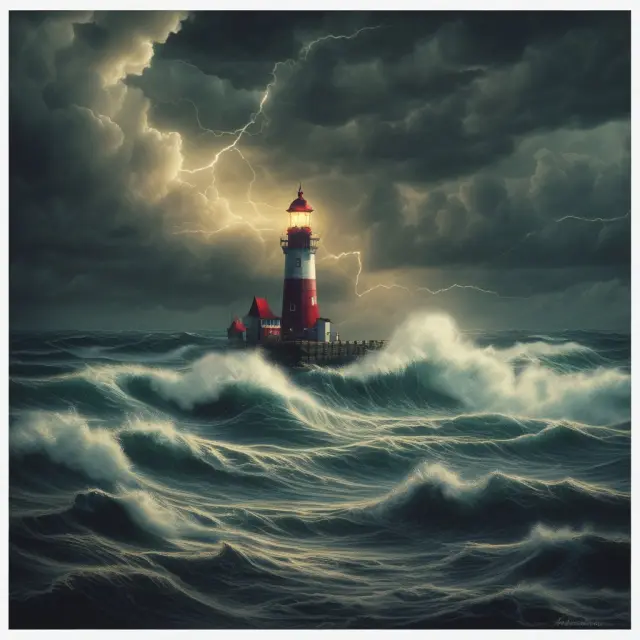 A turbulent sea represents potential water pollution risks, while a lighthouse symbolizes the protective role of marine pollution insurance for industries
