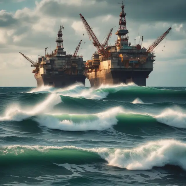 A calming sea with ships and offshore drilling platforms under the protection of olive branch-bearing waves, representing marine pollution insurance coverage for industries