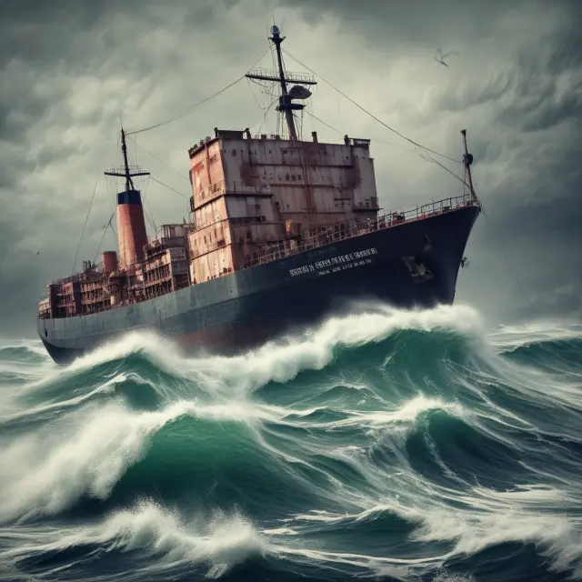 Ship sailing through polluted waters guarded by insurance policies, symbolizing protection from water pollution liabilities