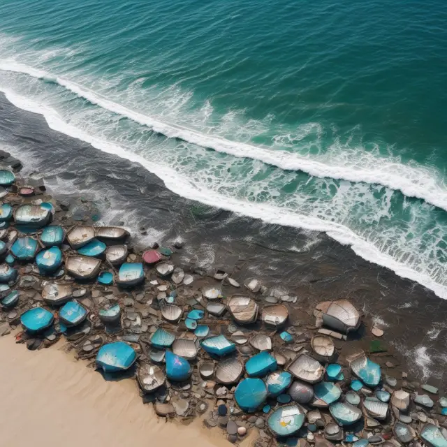 A calm ocean with an insurance shield floating above, representing marine pollution insurance protecting our waters